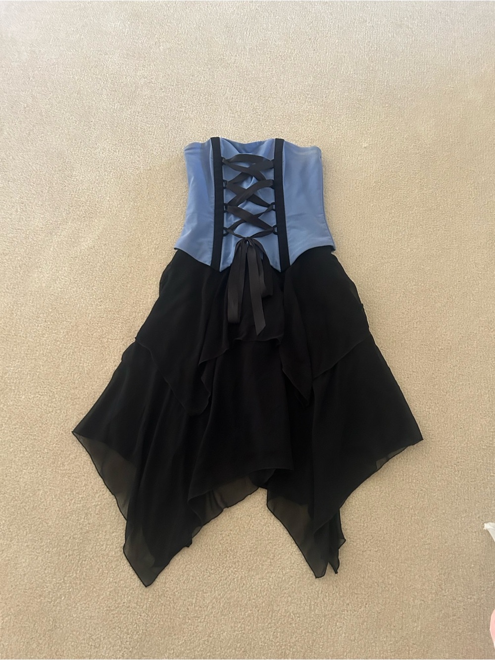 Jessica McClintock Blue Corset Bodice with Black handkerchief and Lace